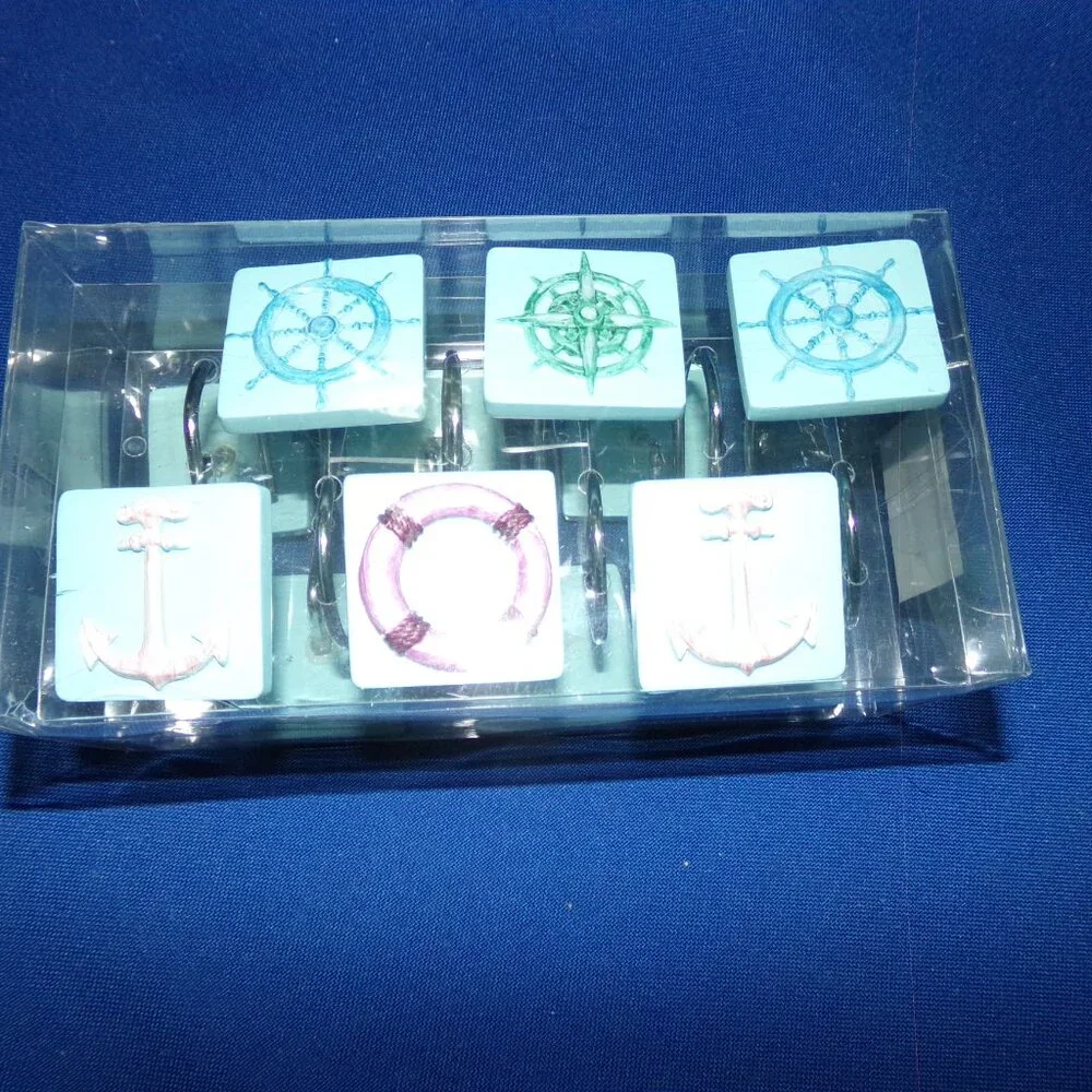 New - Set of 12 Nautical Shower Curtain Hooks - Ship's Anchor & Wheel, etc.